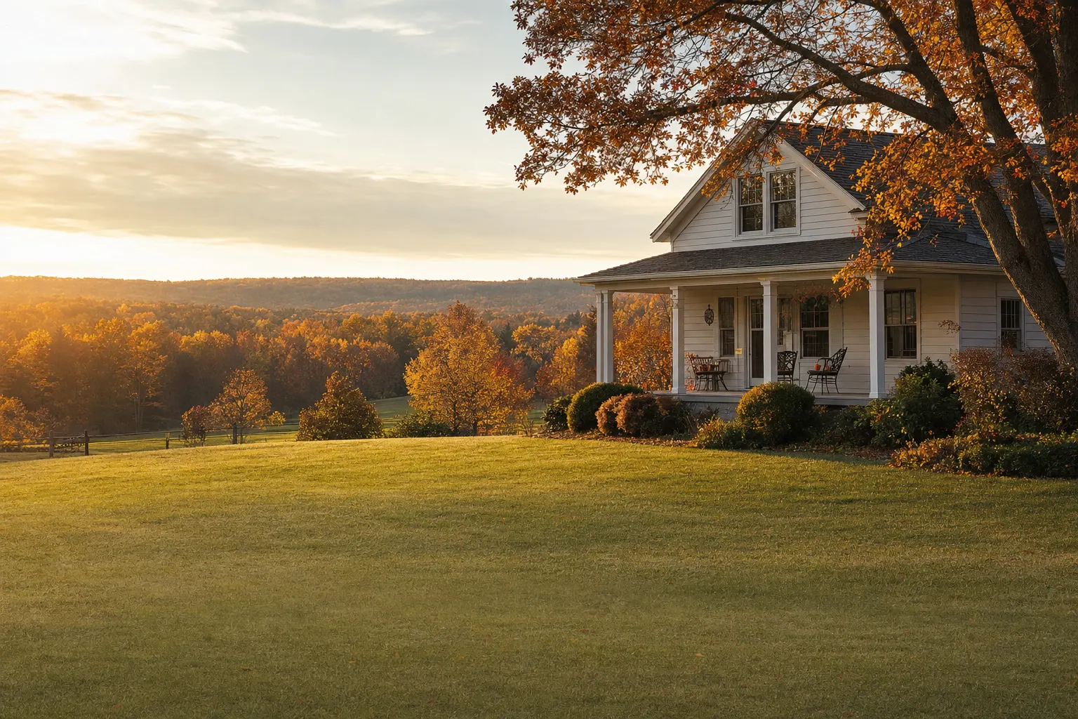 A white house with a porch sits on a grassy lawn surrounded by trees with autumn leaves.