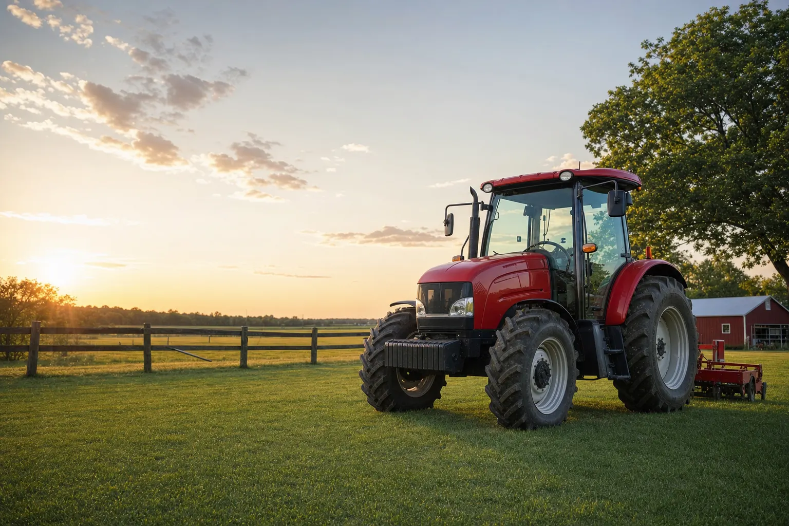 A red tractor parked on green grass near a fence at sunset with a barn and tree in the background.