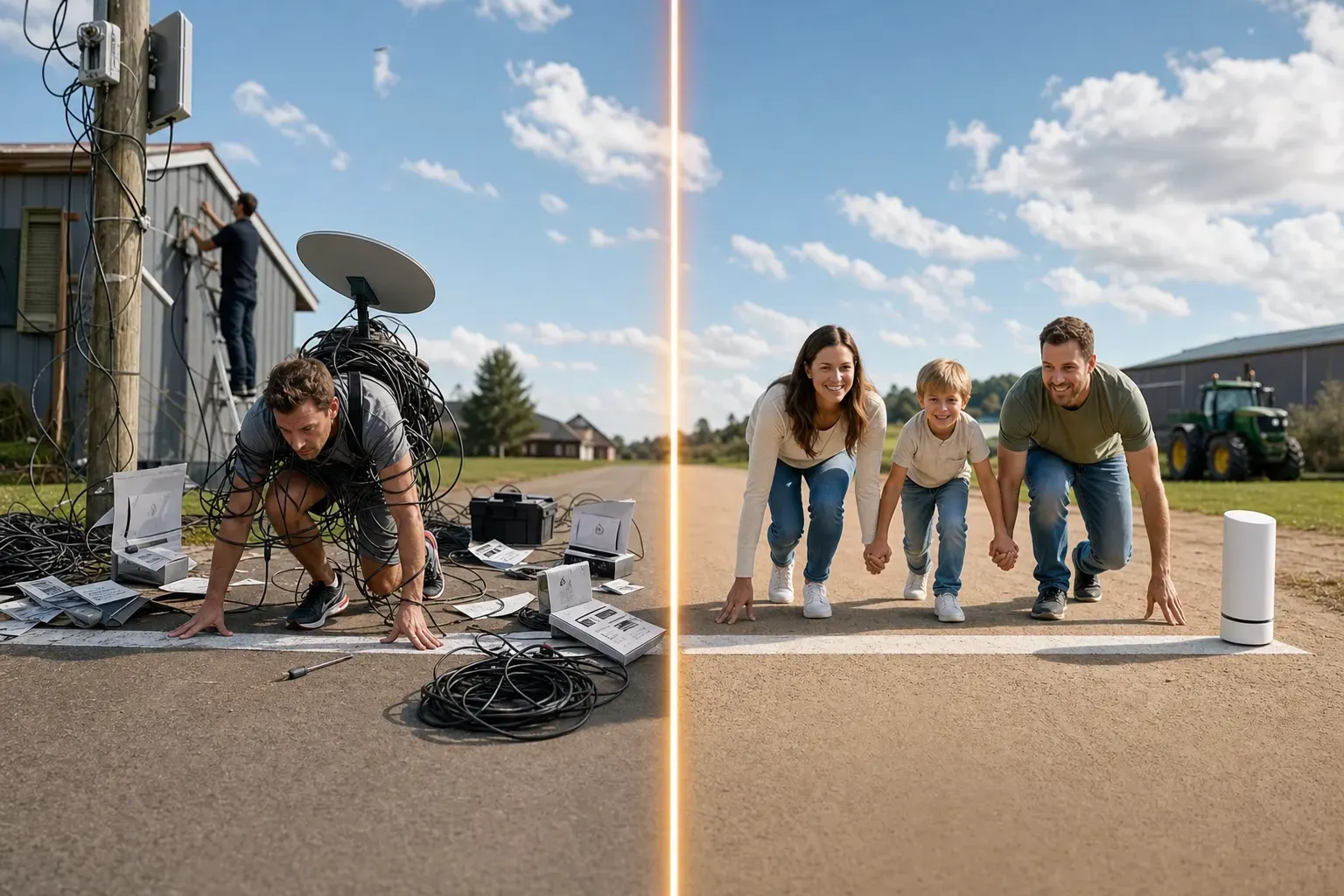 ONE dominant visual idea, readable in 1-2 seconds: On a wide stage, two starting lines: on the left, a runner in tangled gear waits for a complicated signal among wires and paperwork (Starlink); on the right, a family in casual clothes holds hands, ready to start their race with nothing in their way (Blazing Hog). — Present a direct, honest, and visually clean side-by-side comparison without using logos or confusing UI screens.