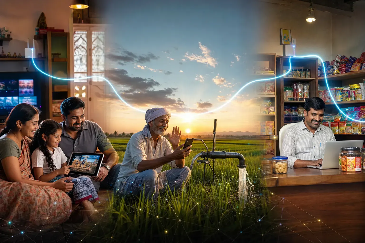 ONE dominant visual idea, readable in 1-2 seconds: Multiple vignettes side by side: a family streaming in their home, a farmer on a video call in a field, and a rural store owner processing online orders—each scene united by the motif of a literal glowing connection linking them across the visual. — Show the full spectrum of rural life—family, agriculture, and small business—all empowered by fast, unlimited internet, dramatizing how every aspect of rural living is transformed.