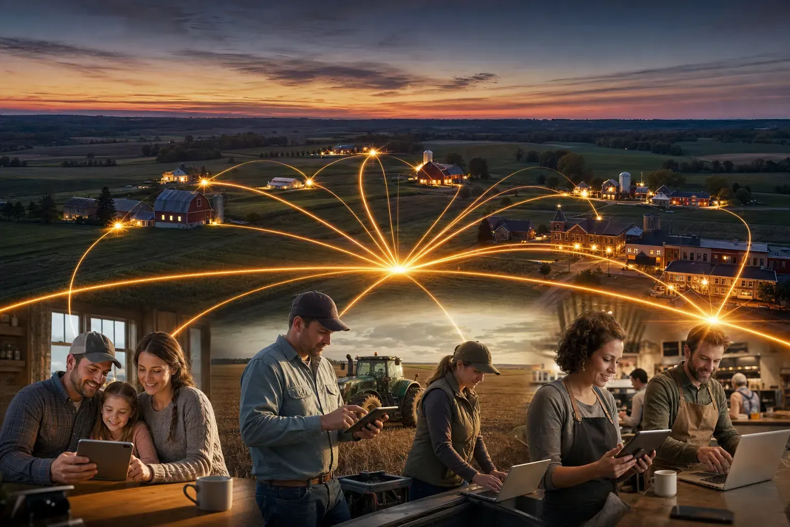 ONE dominant visual idea, readable in 1-2 seconds: A powerful graphic: the silhouette of rural America (fields, barns, distant homes, a small main street) at dusk, with prominent radiant lines of light connecting each home, barn, and business—every user is styled as a glowing ember bright against the dark, visualizing empowerment and unity. — Showcase the range of rural internet service applications—families, farms, and small businesses connecting seamlessly, empowered anywhere in America.
